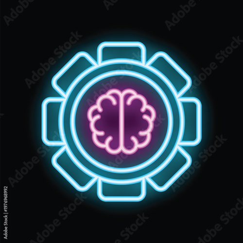 Vibrant neon sign illustrating the concept of ai, featuring a brain enclosed within a gear, symbolizing the fusion of intellect and mechanics