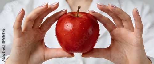 A person holding a red apple in their hands with a white shirt on
