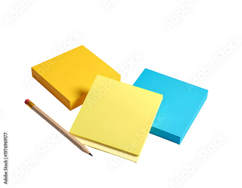 Brightly colored paper squares and a wooden pencil