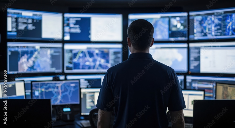 Fototapeta premium Caucasian Male Cybersecurity Analyst Monitoring Global Threat Intelligence Data in Command Center