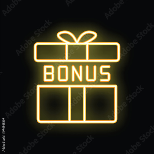 Yellow neon glowing bonus gift box with ribbon on a black background