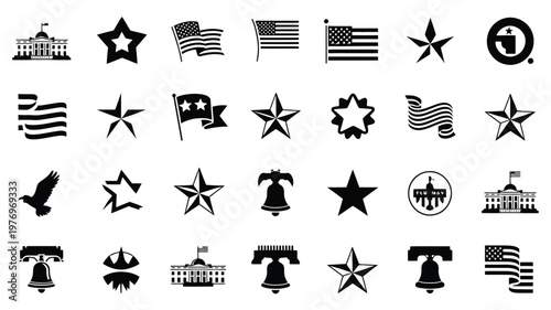 Black and white vector icons showcasing patriotic symbols stars flags and historical buildings for design projects