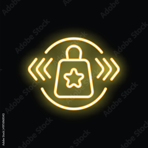 Yellow neon sign representing a loyalty program with a shopping bag and a star, on a black background