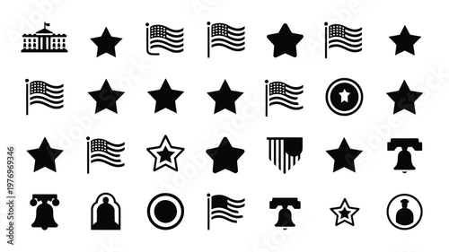 Collection of clean vector icons featuring patriotic symbols flags stars and iconic landmarks in a minimalist black and white design