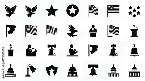 Minimalist collection of 30 silhouette icons featuring patriotic symbols flags eagles stars and governmental elements in black and white