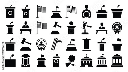 Black and white vector icons of podiums flags gavels and government buildings for political or legal concepts