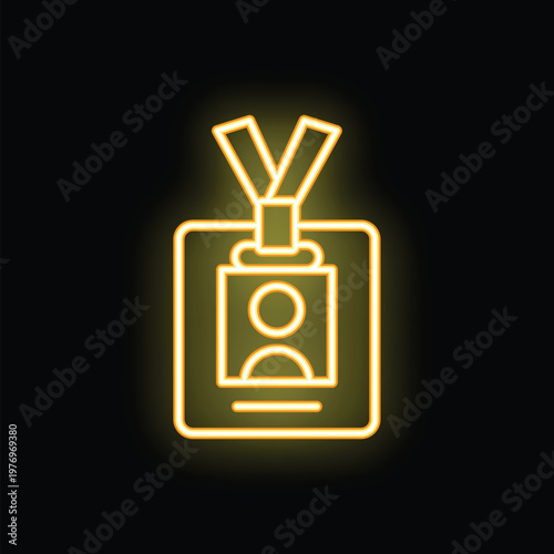 Glowing yellow neon icon of an id card hanging on a lanyard on a black background