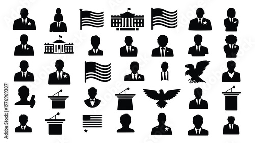 Political and patriotic vector icons featuring silhouettes of leaders flags symbols and government buildings for election campaigns