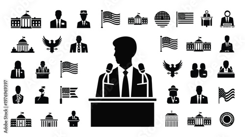 Politician speaking at podium with silhouette icons of flags eagles government buildings and symbols in vector style