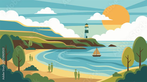 Vibrant minimalist coastal landscape illustration with lighthouse and beach