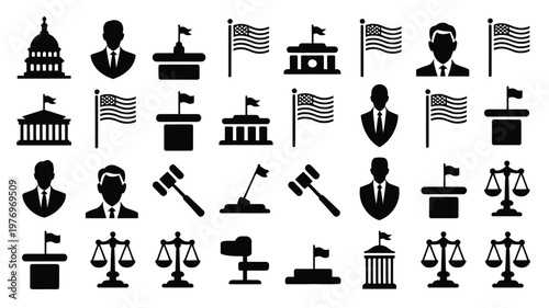 Black and white vector icons depicting government law and political symbols including the capitol building flags a judge's gavel and scales of justice