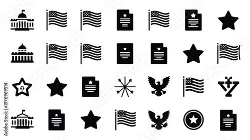 Black and white vector icons set featuring usa flag white house eagle stars and patriotic symbols for national holidays