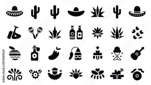 Vibrant mexican inspired vector icons featuring sombreros cacti agave plants maracas tequila bottles and guitars in bold black silhouettes