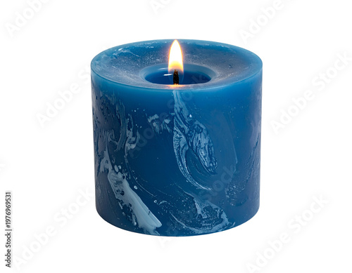 Textured blue pillar candle burns with a soft, warm flame