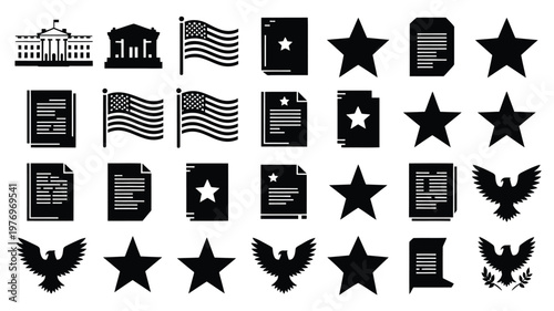 Patriotic vector icons featuring stars eagles flags and official documents in black and white design for national themes