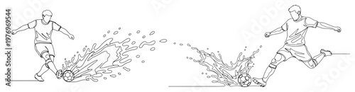 Photos Minimalist one line drawing of football players kicking a ball through water spl