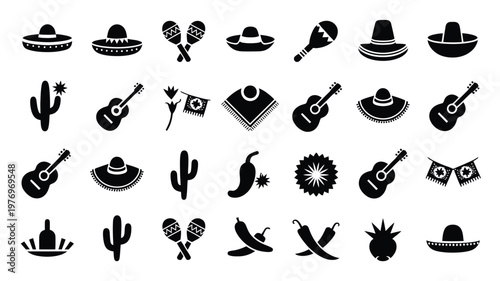 Set of mexican cultural icons including sombreros traditional guitars maracas cacti chili peppers and symbols in clean vector style isolated on white bold and minimalist design