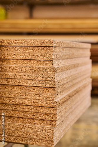 Tableau sur toile Chipboard panels stacked in a carpentry workshop