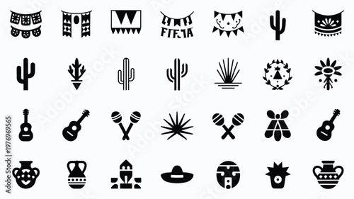 Black and white vector illustration featuring mexican cultural symbols in a minimalist style including cacti maracas guitars and traditional pottery arranged in a clean grid