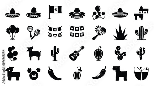 Black and white vector illustration of 30 mexican cultural icons including sombreros maracas cacti piatas guitars and chili peppers