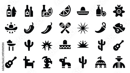Black and white vector icons of tequila bottles limes chili peppers cacti guitars maracas and mexican cultural symbols