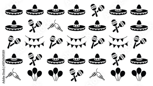 Festive black and white vector illustration featuring sombreros maracas and banners for celebratory mexican cultural events