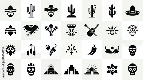 Collection of 30 minimalist black and white icons representing mexican culture including cacti sombreros maracas chili peppers and traditional symbols
