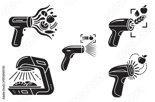 Set of food scanning devices icons showing handheld scanners identifying fruits, grains, and prepared dishes with barcode and sensor elements