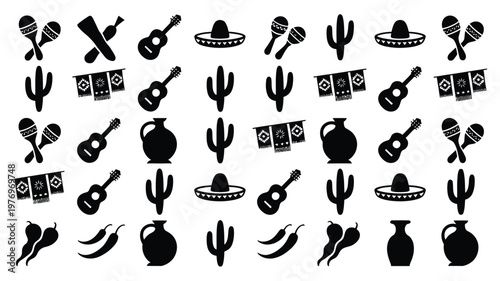 Vibrant black vector icons of cacti guitars maracas sombreros chili peppers and clay jugs in a festive design style