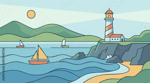 Vibrant coastal landscape with lighthouse, sailboats, and beach in flat design