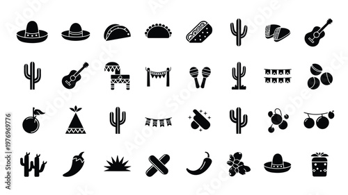 Collection of black and white vector icons featuring mexican culture symbols including sombreros tacos cacti guitars maracas and chili peppers