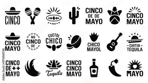 Black and white silhouette icons for cinco de mayo celebration with sombrero cactus chili tequila and festive elements