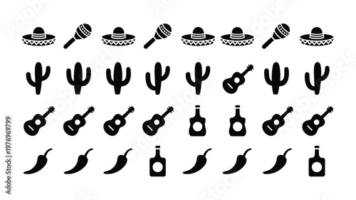 Black minimalist icons of sombreros maracas cacti guitars tequila bottles and chili peppers in flat design style
