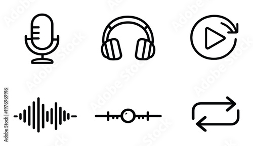 Audio tools and playback symbols on dark interface background