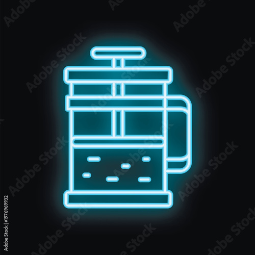 Blue neon sign depicting a french press coffee maker glowing on a black background