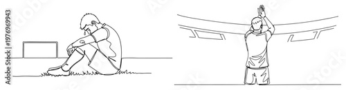 Fotografía Continuous line drawing of soccer players showing emotions of defeat and prayer
