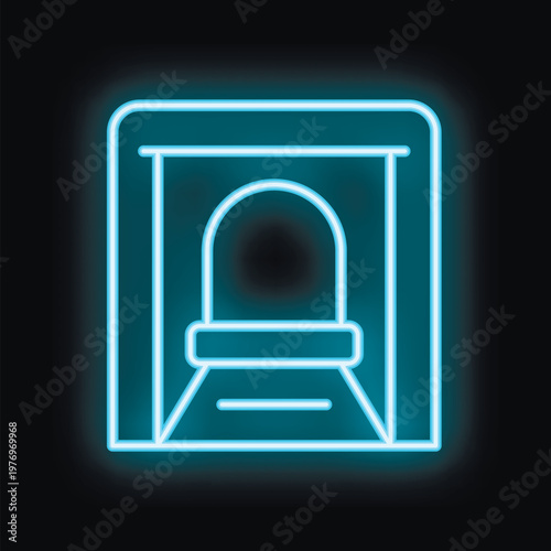 Blue neon sign of classic fireplace with burning firewood on the black brick wall background