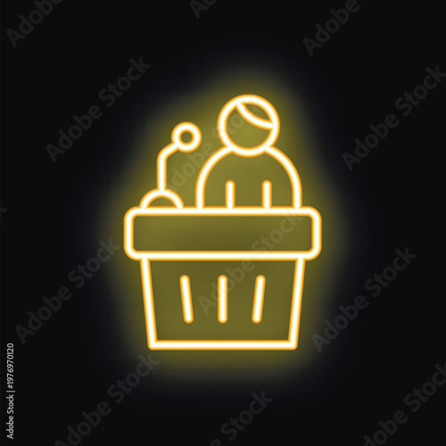 Neon sign depicting a politician giving a speech from a tribune, symbolizing political discourse and public speaking