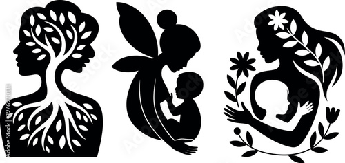 A set of black silhouettes depicting motherhood and nature symbolism