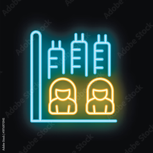 Glowing neon icon of urban overpopulation with people living in crowded buildings