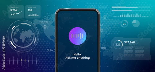 smartphone with voice wave assistant icon on screen text message personal helper application smart interactive search engine technology using artificial intelligence logic