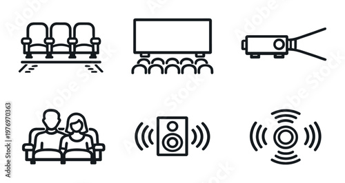 Cinema seating and audio equipment icons on dark background