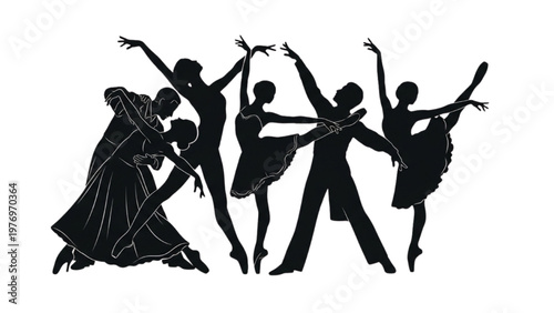 Vector CAD drawing of dancers performing ballet poses in studio