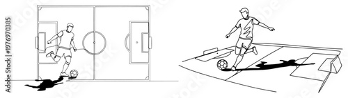 Photos Continuous line drawing of a soccer player dribbling on a field with artistic sh