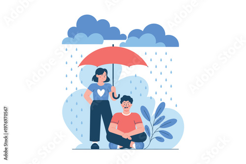 A cartoon illustration of a couple sharing an umbrella on a rainy day with clouds and rain in the background.