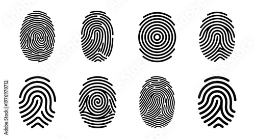 Fotografie Fingerprint icon set, biometric identification symbols, 8 black vectors