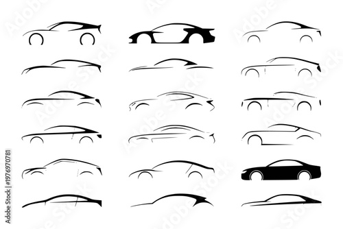 Collection of black and white sports car silhouettes and line vehicle auto