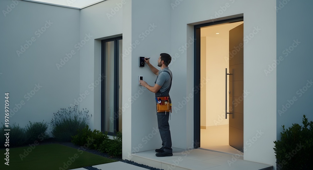 Fototapeta premium Smart home technician installing security system or intercom on modern house exterior wall