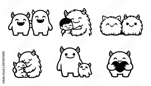 Cute monster characters showing caring interactions on gray background