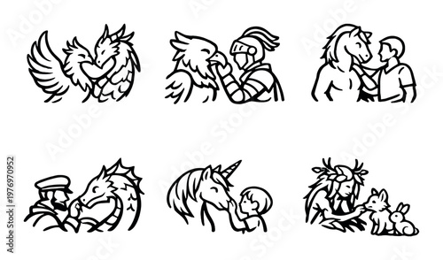 Mythical creatures and people interacting in fantasy scenes